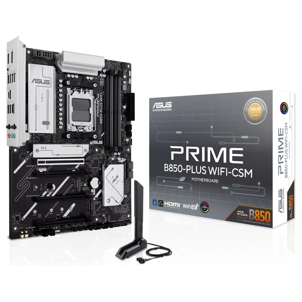 Asus PRIME B850-PLUS WIFI-CSM Motherboard, Socket AM5, AMD B850 Chipset, 4xDDR5 Up To 256GB 8000+MT/s OC, 3xM.2 and 4xSATA 6Gb/s, Wi-Fi 6E and Bluetooth V5.3