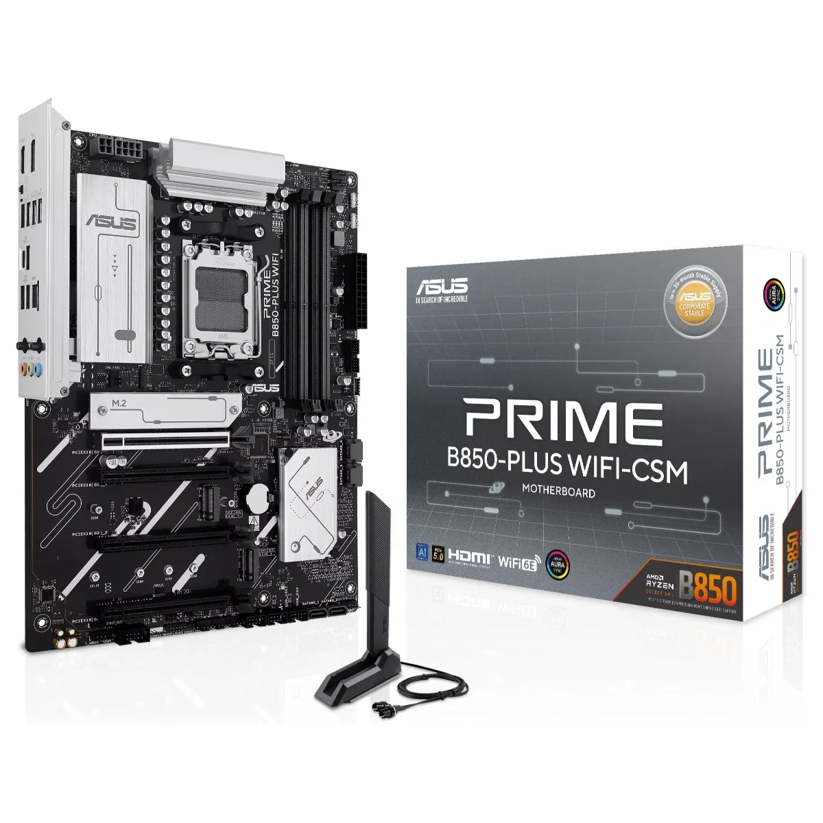 Asus PRIME B850-PLUS WIFI-CSM Motherboard, Socket AM5, AMD B850 Chipset, 4xDDR5 Up To 256GB 8000+MT/s OC, 3xM.2 and 4xSATA 6Gb/s, Wi-Fi 6E and Bluetooth V5.3