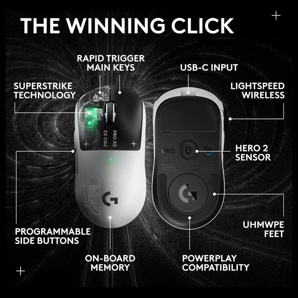 Logitech G PRO X2 SUPERSTRIKE Wireless Gaming Mouse, HERO 2 Sensor Up To 44,000 DPI, 8kHz Polling, 61g Ultra Lightweight, USB-C, for PC and Mac, Black/White
