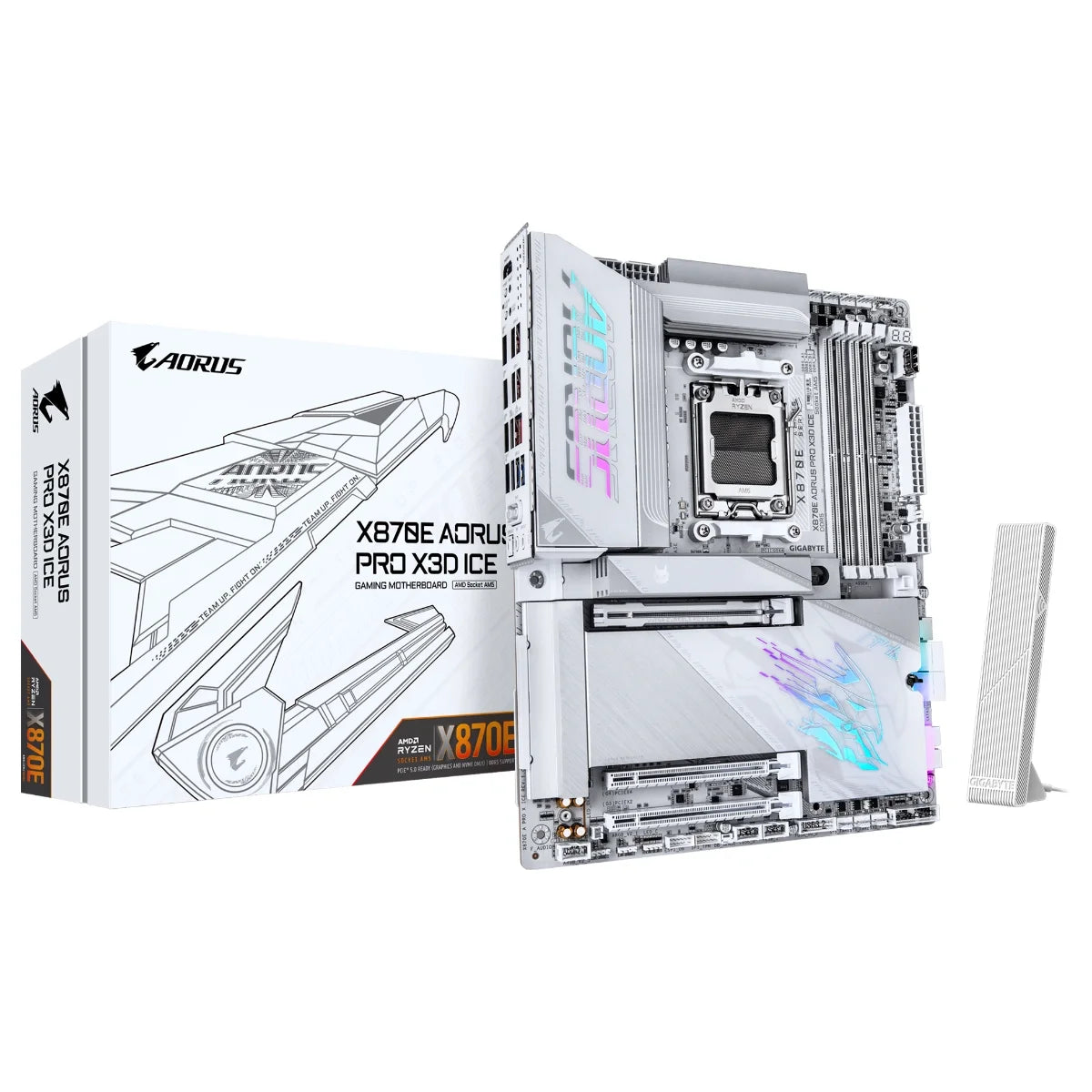 Gigabyte X870E AORUS PRO X3D ICE Motherboard, AMD Socket AM5, DDR5 up to 9000MT/s OC, 4xM.2 Including PCIe 5.0 x4, Wi-Fi 7 and 5GbE LAN, HDMI and Dual USB4 Type-C, PCIe 5.0 x16, ICE