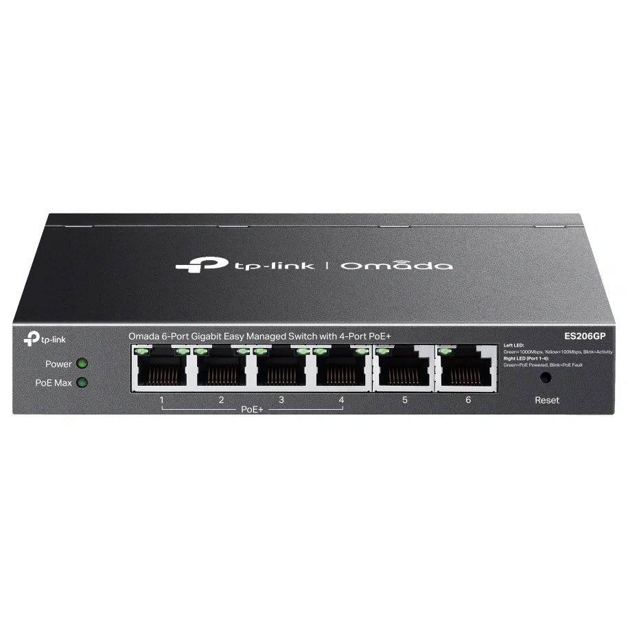 TP-Link ES206GP Omada 6-Port Gigabit Easy Managed Switch, 4-Port PoE+, 6x 10/100/1000Mbps RJ45, 65W Power Budget Up to 30W Per PoE Port