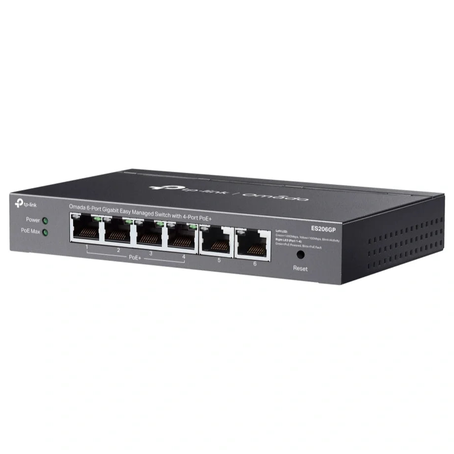 TP-Link ES206GP Omada 6-Port Gigabit Easy Managed Switch, 4-Port PoE+, 6x 10/100/1000Mbps RJ45, 65W Power Budget Up to 30W Per PoE Port