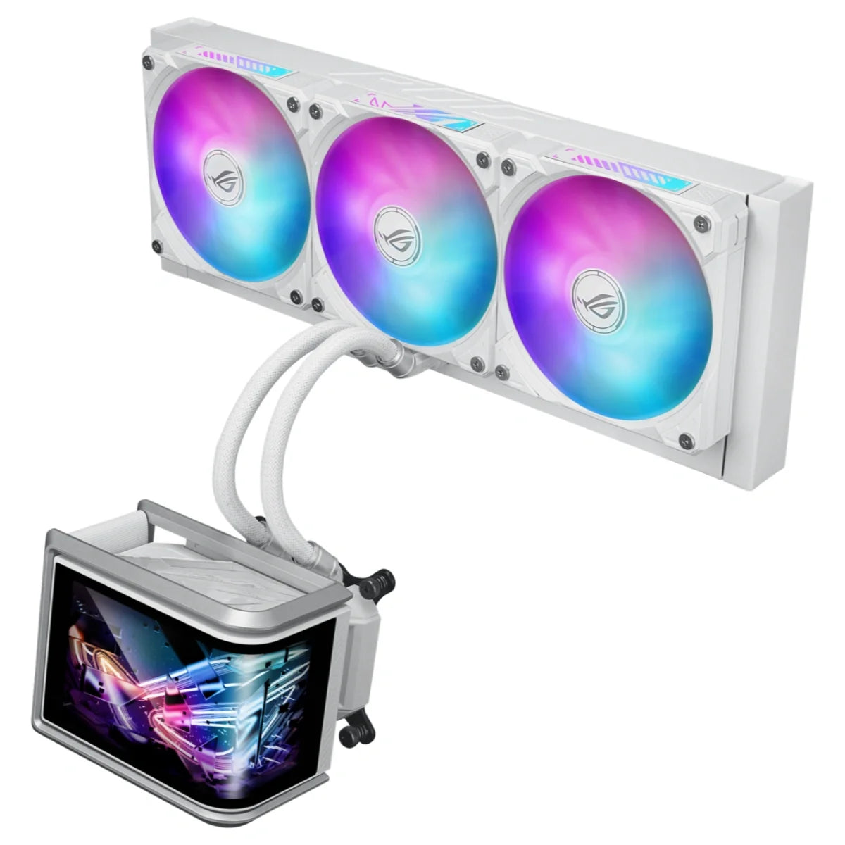 ASUS ROG Ryuo IV SLC 360 ARGB White Edition CPU Liquid Cooler, 6.67" AMOLED Display, 360mm Radiator, 3x120mm PWM Fans 800-2650RPM, AM5 and LGA 1851, White