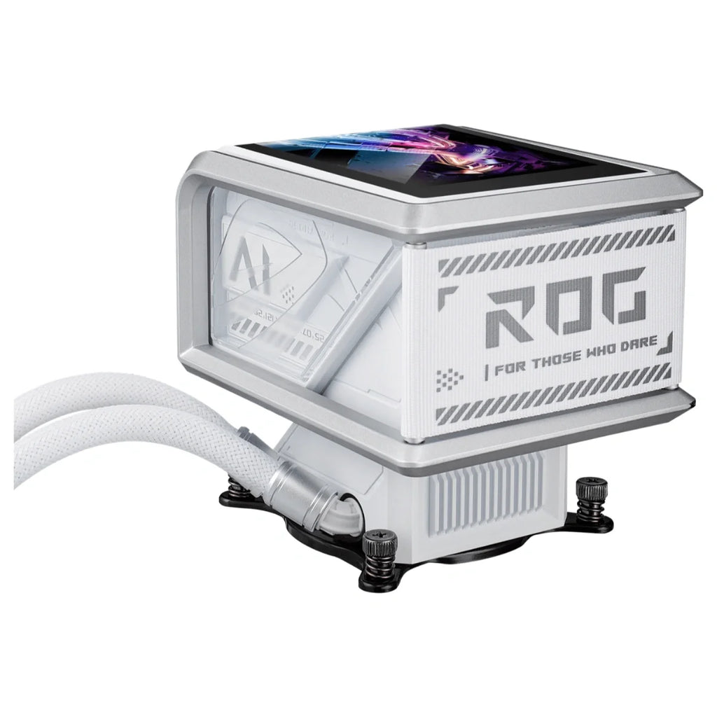ASUS ROG Ryuo IV SLC 360 ARGB White Edition CPU Liquid Cooler, 6.67" AMOLED Display, 360mm Radiator, 3x120mm PWM Fans 800-2650RPM, AM5 and LGA 1851, White