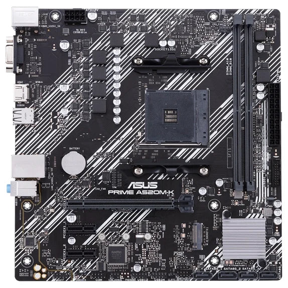 ASUS PRIME A520M-K Micro ATX Motherboard, AMD A520 Chipset, AM4 Socket, 2 DIMM Up To 64GB DDR4, M.2 And 4x SATA 6Gbps, 1Gb Ethernet, HDMI 2.1 4K@60Hz And D-Sub, USB 3.2 Gen 1 Type-A