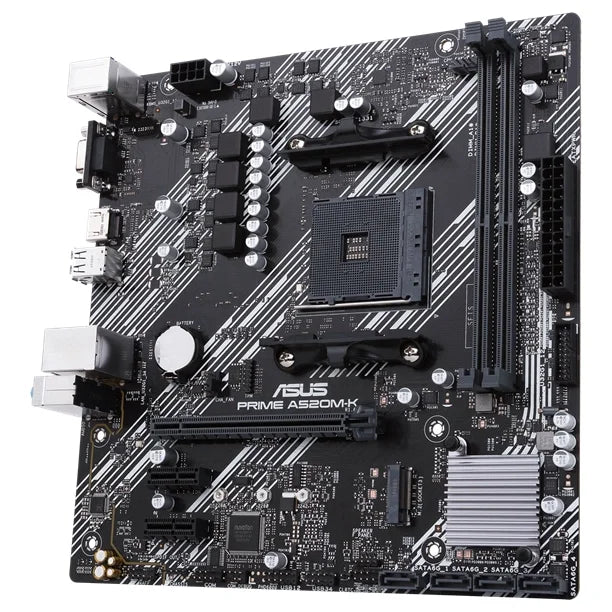 ASUS PRIME A520M-K Micro ATX Motherboard, AMD A520 Chipset, AM4 Socket, 2 DIMM Up To 64GB DDR4, M.2 And 4x SATA 6Gbps, 1Gb Ethernet, HDMI 2.1 4K@60Hz And D-Sub, USB 3.2 Gen 1 Type-A