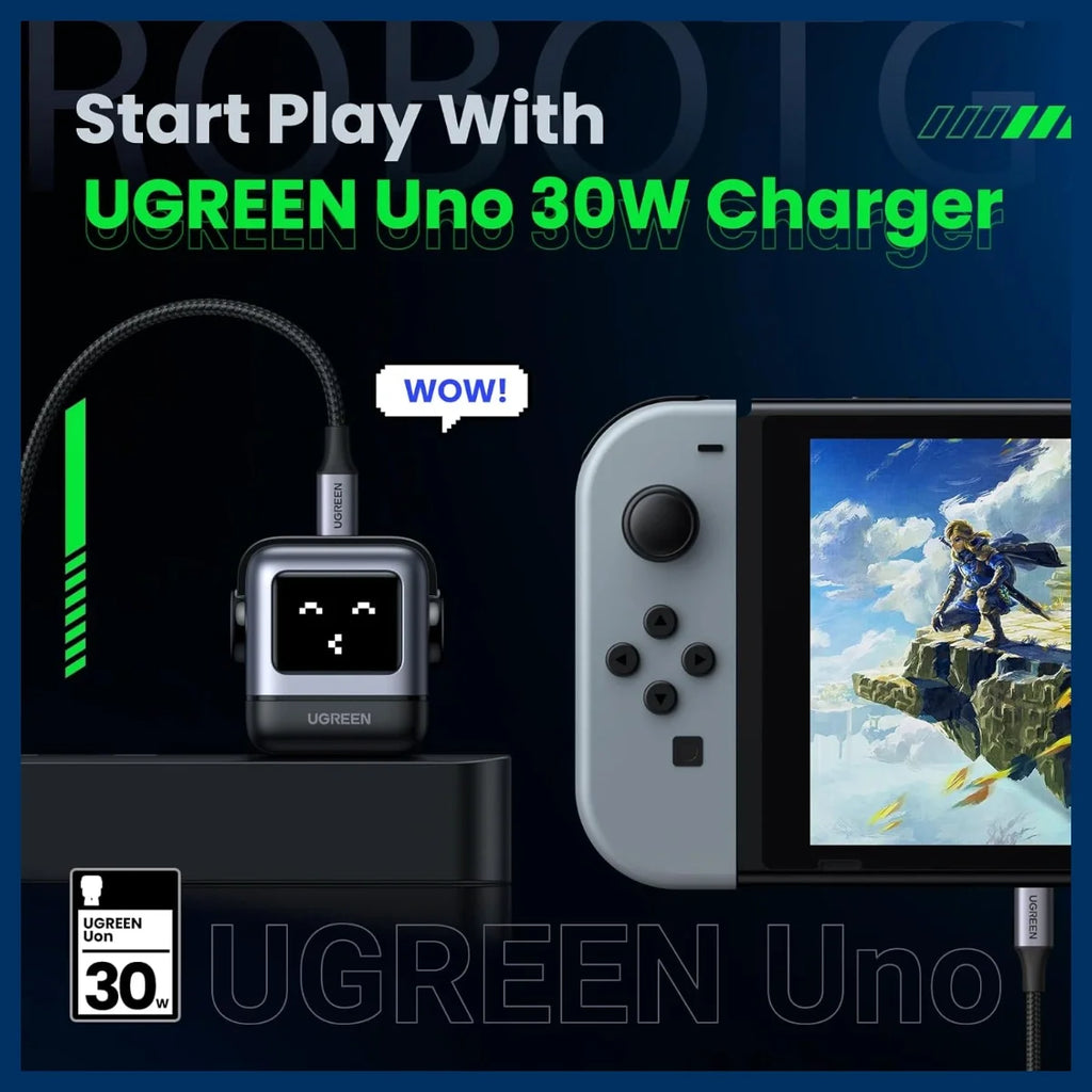 UGREEN Uno RG 30W USB-C GaN Charger, LED Screen, Foldable Plug, Black, 15550