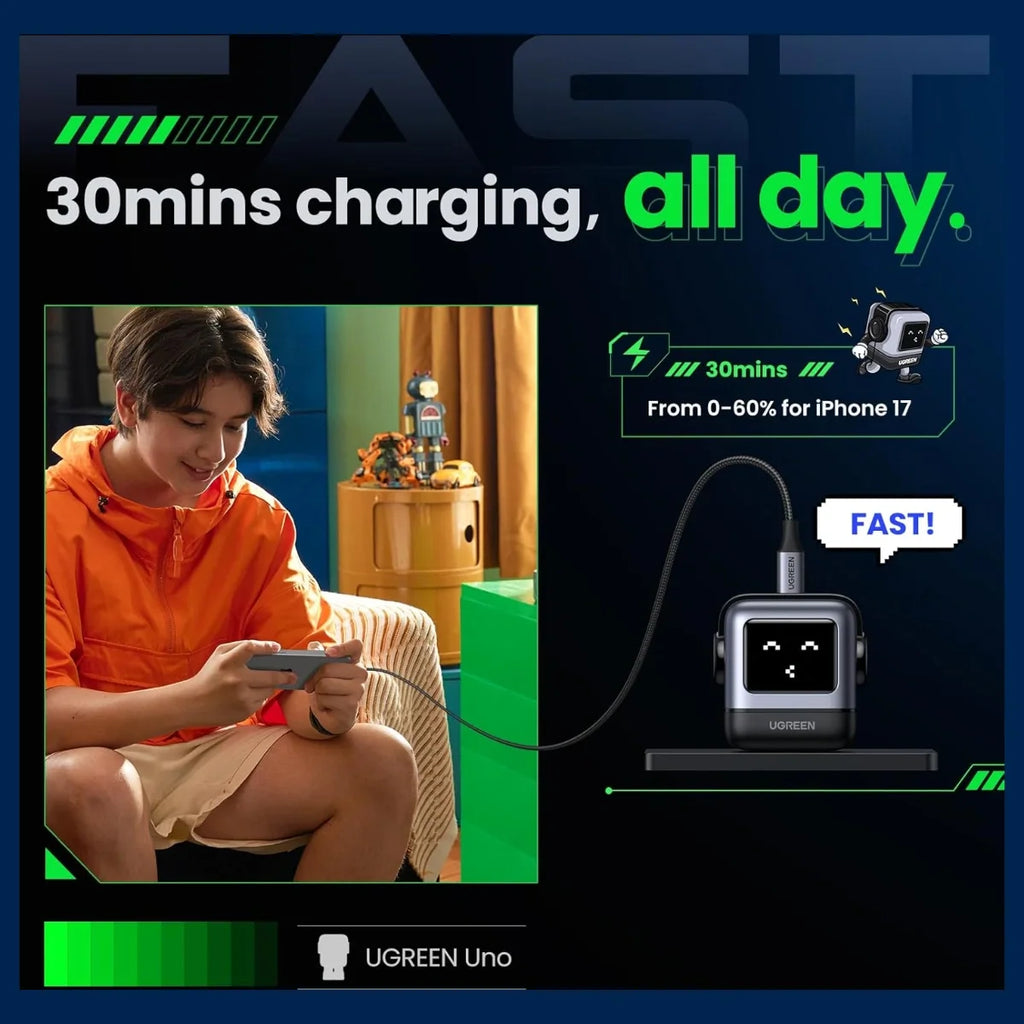 UGREEN Uno RG 30W USB-C GaN Charger, LED Screen, Foldable Plug, Black, 15550
