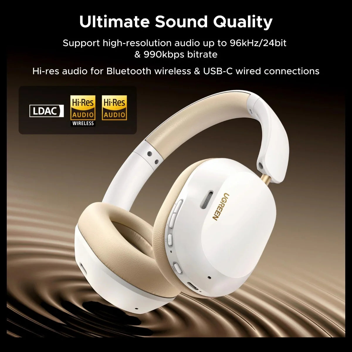 UGREEN HiTune MAX 5C Bluetooth Headphones, LDAC Audio Decoding, Adaptive Noise Cancellation, 45hrs Battery Life, White