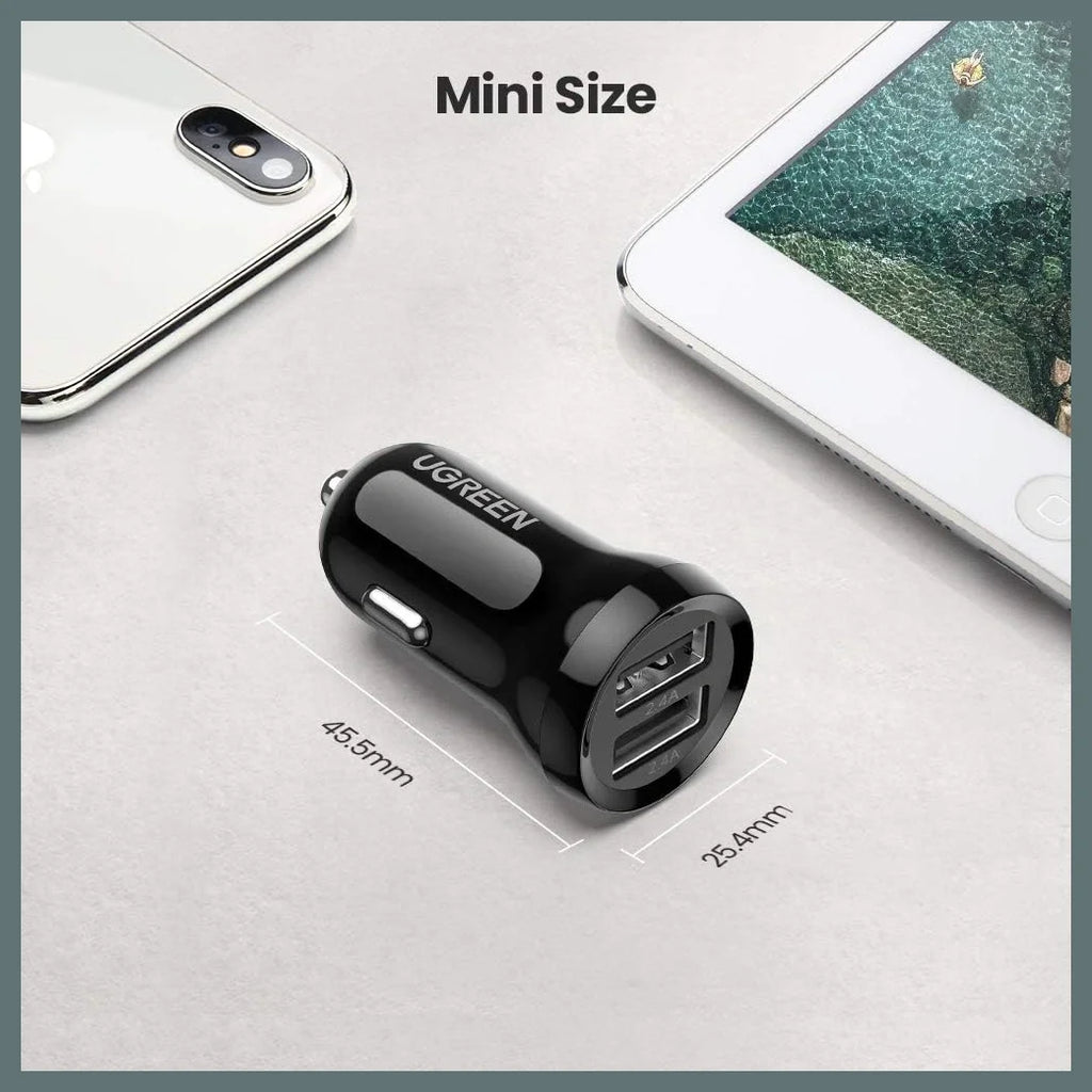 Ugreen 50875 Dual-Port Car Charger, 2 x USB-A, 24W Total Output 12W Per Port, Aluminum Alloy