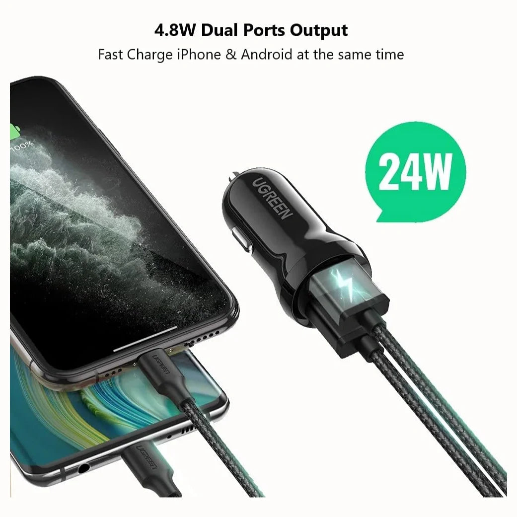 Ugreen 50875 Dual-Port Car Charger, 2 x USB-A, 24W Total Output 12W Per Port, Aluminum Alloy