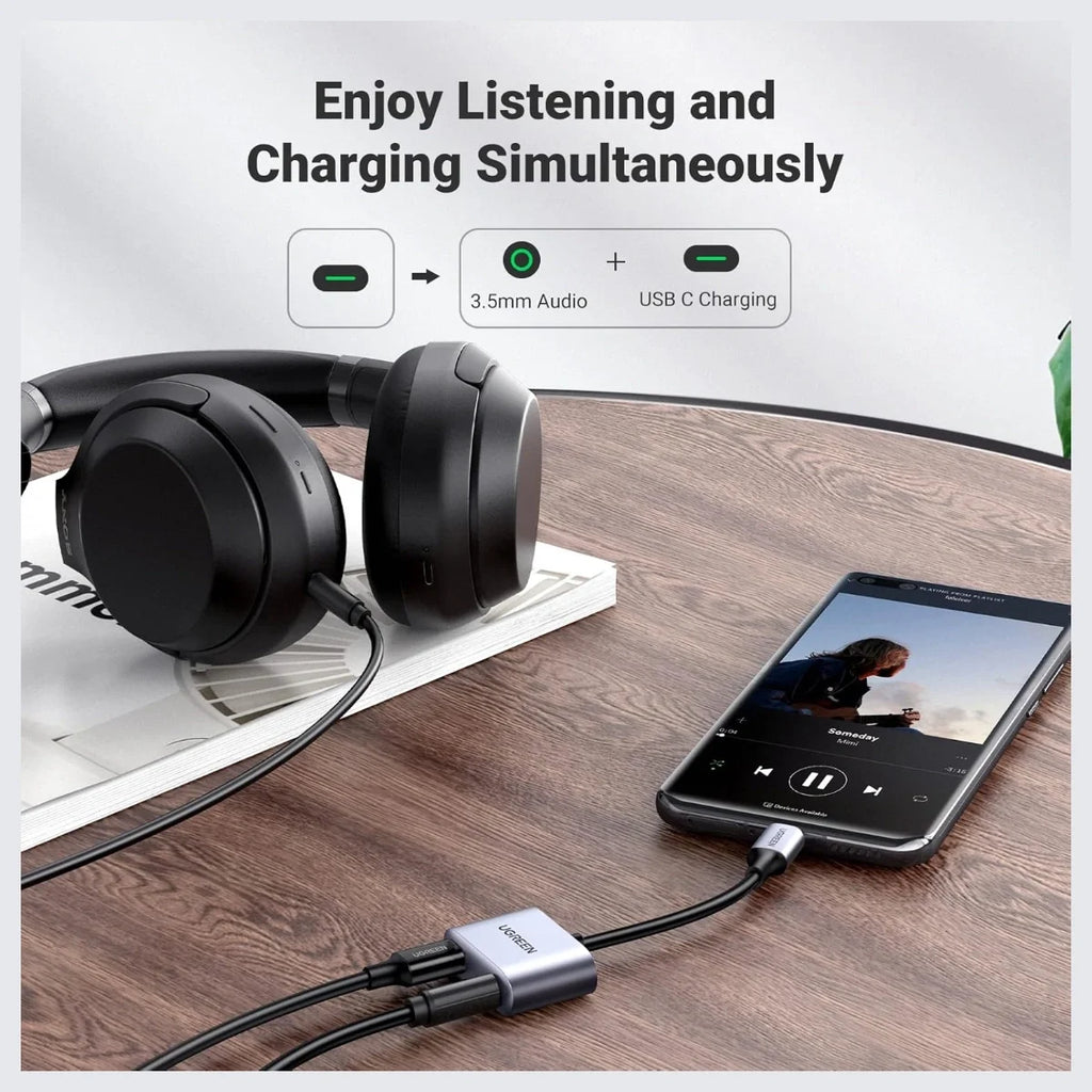UGREEN 2-in-1 USB-C to 3.5mm Audio Adapter, Up to 60W PD 3.0 and QC 3.0 Charging, Built-In DAC Up to 24-bit/96kHz, Listen and Take Calls While Charging, 60164