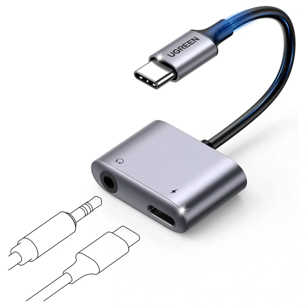 UGREEN 2-in-1 USB-C to 3.5mm Audio Adapter, Up to 60W PD 3.0 and QC 3.0 Charging, Built-In DAC Up to 24-bit/96kHz, Listen and Take Calls While Charging, 60164