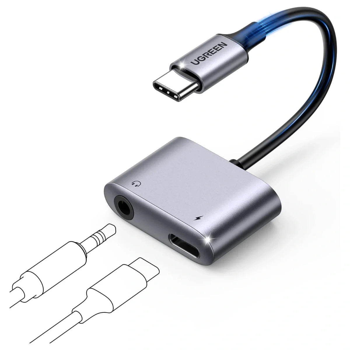 UGREEN 2-in-1 USB-C to 3.5mm Audio Adapter, Up to 60W PD 3.0 and QC 3.0 Charging, Built-In DAC Up to 24-bit/96kHz, Listen and Take Calls While Charging, 60164
