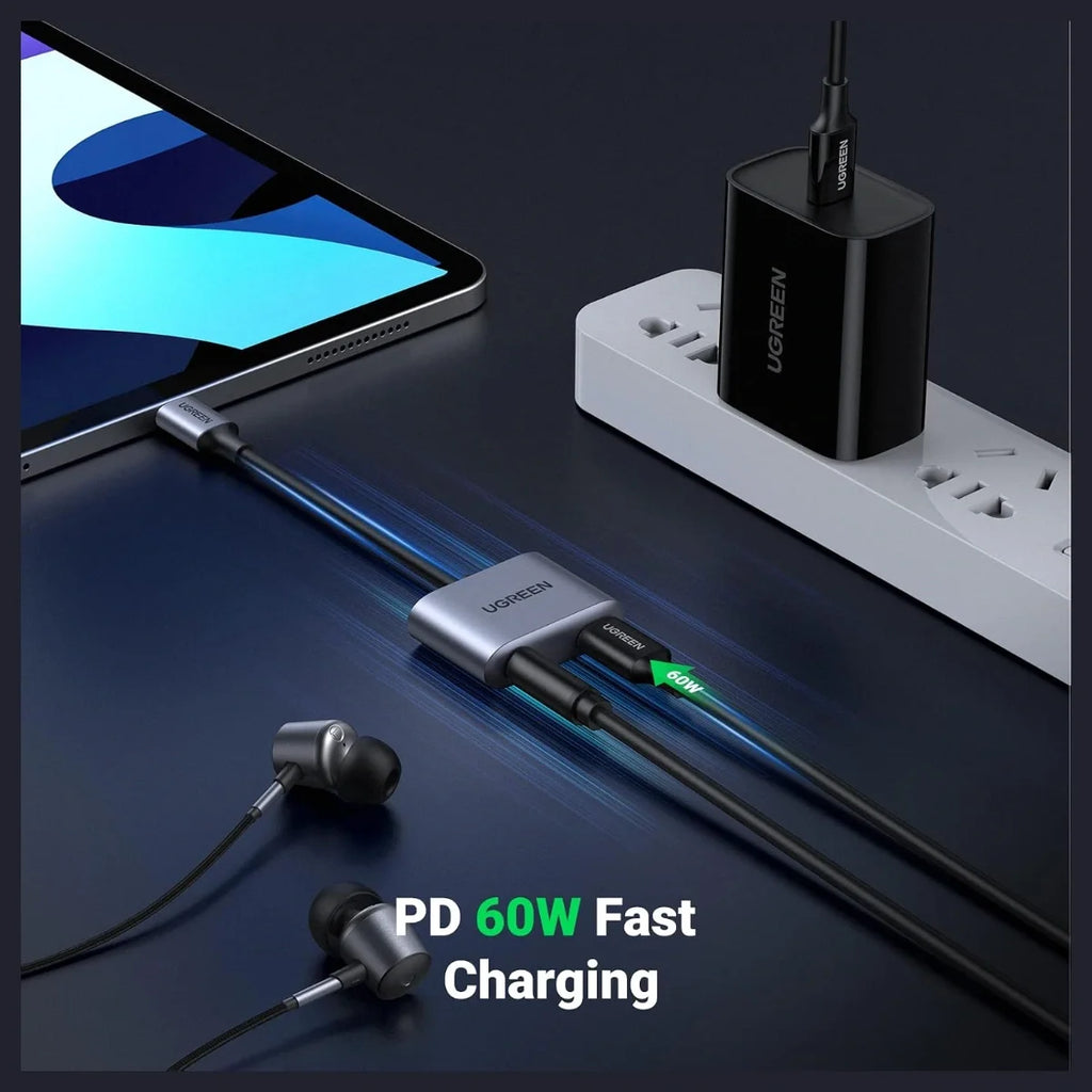 UGREEN 2-in-1 USB-C to 3.5mm Audio Adapter, Up to 60W PD 3.0 and QC 3.0 Charging, Built-In DAC Up to 24-bit/96kHz, Listen and Take Calls While Charging, 60164