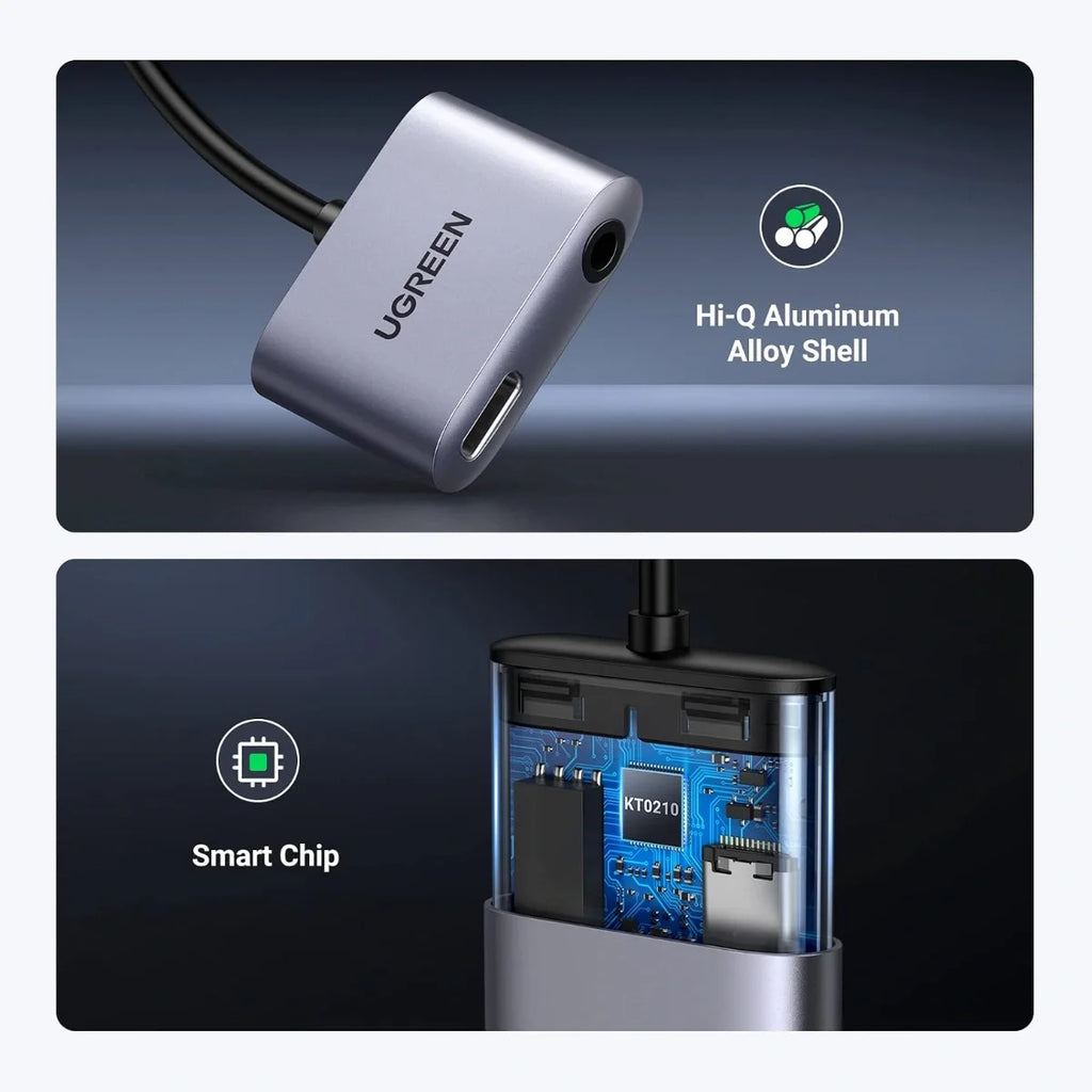 UGREEN 2-in-1 USB-C to 3.5mm Audio Adapter, Up to 60W PD 3.0 and QC 3.0 Charging, Built-In DAC Up to 24-bit/96kHz, Listen and Take Calls While Charging, 60164