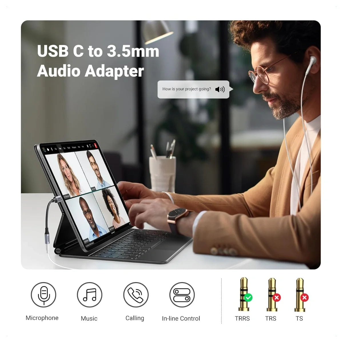 UGREEN USB-C to 3.5mm Audio Adapter, Type C to Aux 24bit/96KHz, HiFi DAC, In-Line Control for Volume and Calling, Grey, 80154