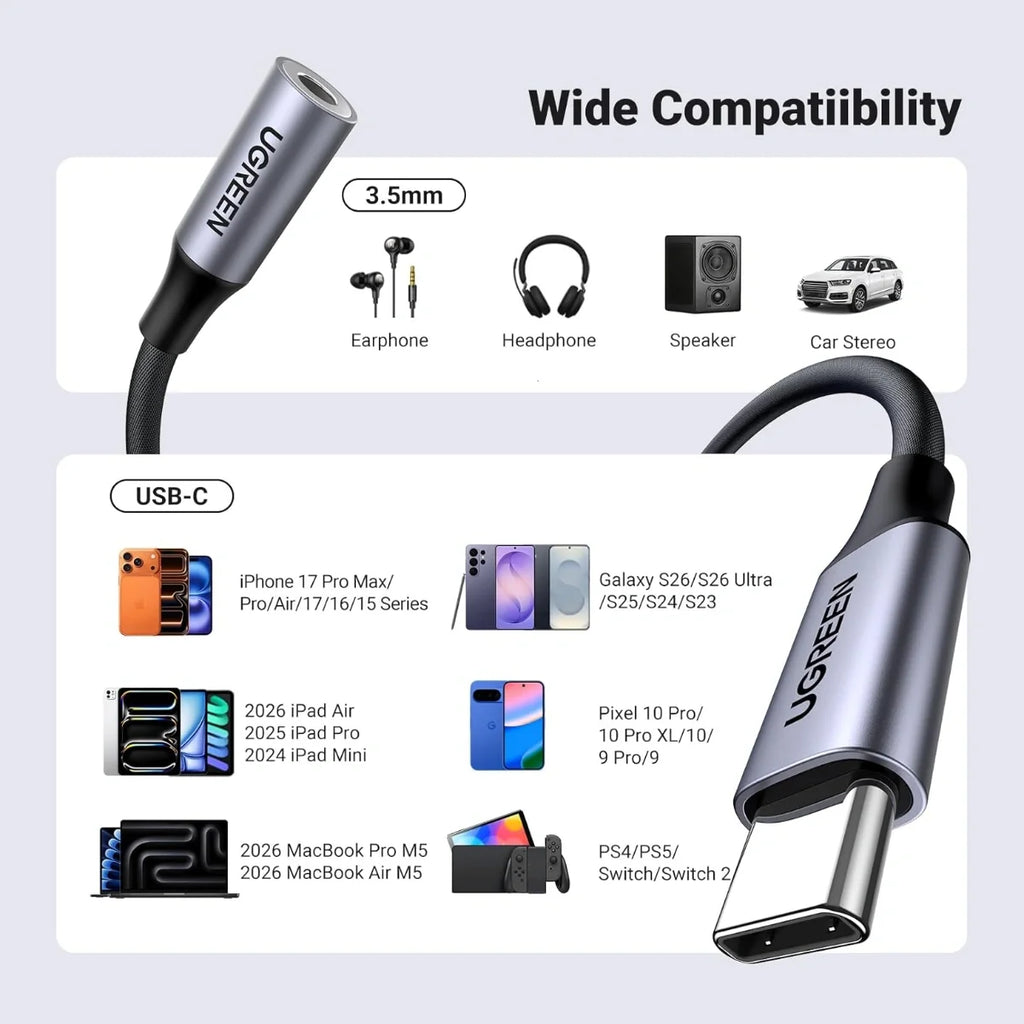 UGREEN USB-C to 3.5mm Audio Adapter, Type C to Aux 24bit/96KHz, HiFi DAC, In-Line Control for Volume and Calling, Grey, 80154
