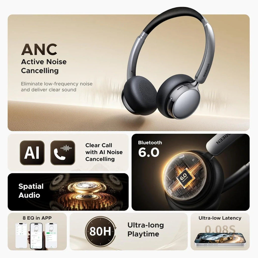 UGREEN Studio Plus Active Noise-Cancelling Headphones, Bluetooth 6.0 Over-Ear ANC, 80H Playtime, Spatial Audio, 0.08S Low Latency, Multi-Point Connection, 75630
