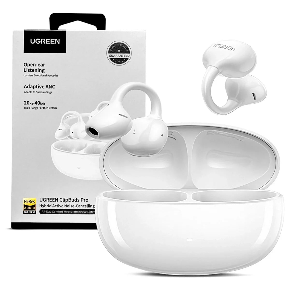 UGREEN ClipBuds Pro Open-Ear Wireless Headphones, Adaptive ANC Noise Cancellation, 6-Mic AI Call Clarity, Hi-Res Audio With LDAC and Spatial Sound, Bluetooth 6.0 Dual Device Pairing, White WS218 65880