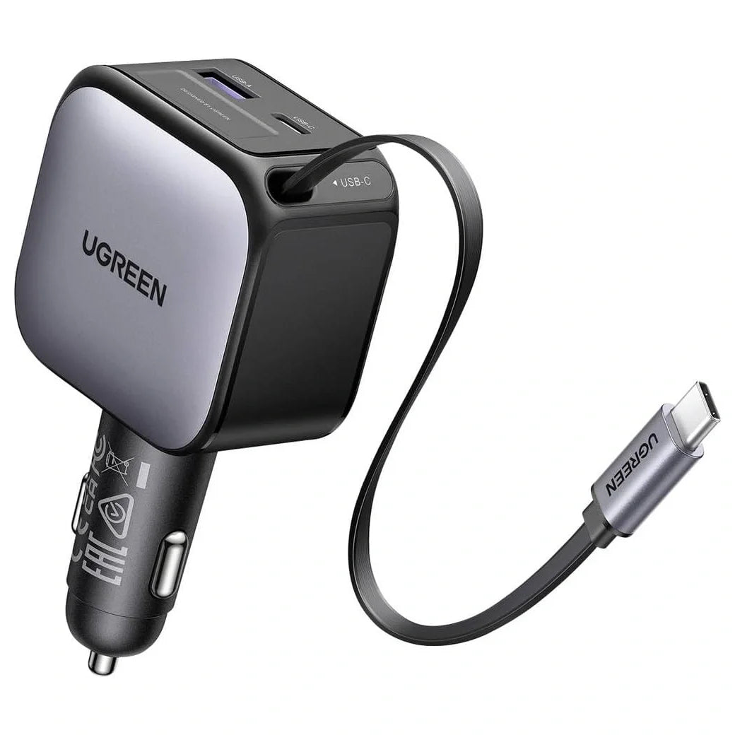 UGREEN NEXODE Fast Car Charger With Retractable USB-C Cable 60W, 3-in-1 3-Port, PD 3.0 QC 3.0 PPS SCP AFC, 30W Retractable USB-C Cable Up To 70cm, Space Grey 55212B EC602