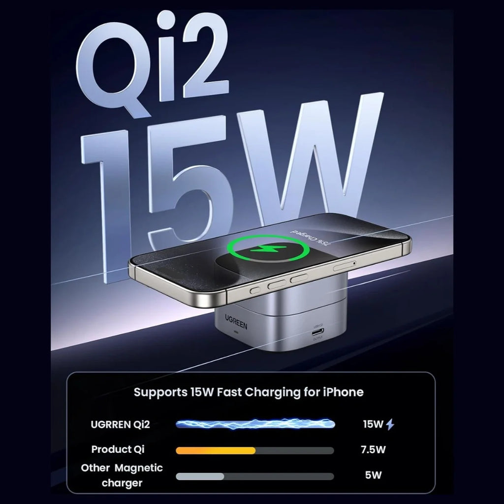 UGREEN MagFlow Qi2 15W 2-in-1 Foldable Wireless Charging Station, Qi2 Certified 15W Wireless Charging, 15W Phone and 5W Earbuds, N48*16 Magnets, Model 35316