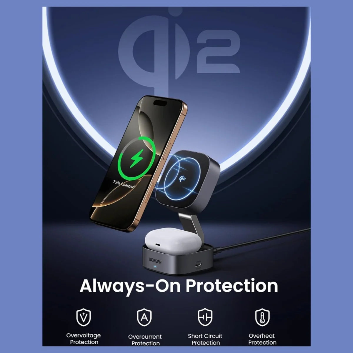UGREEN MagFlow Qi2 15W 2-in-1 Foldable Wireless Charging Station, Qi2 Certified 15W Wireless Charging, 15W Phone and 5W Earbuds, N48*16 Magnets, Model 35316