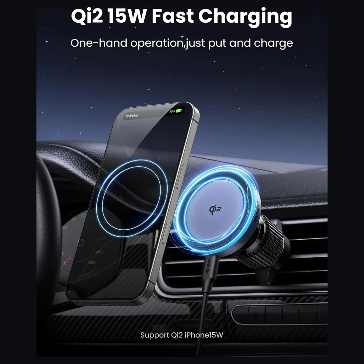 UGREEN Qi2 15W Magnetic Wireless Car Charger Mount, Auto-Align, Air Vent Mount, LED Lights, 17pcs N52 Magnets, 360 Degree Rotation, W708 35970