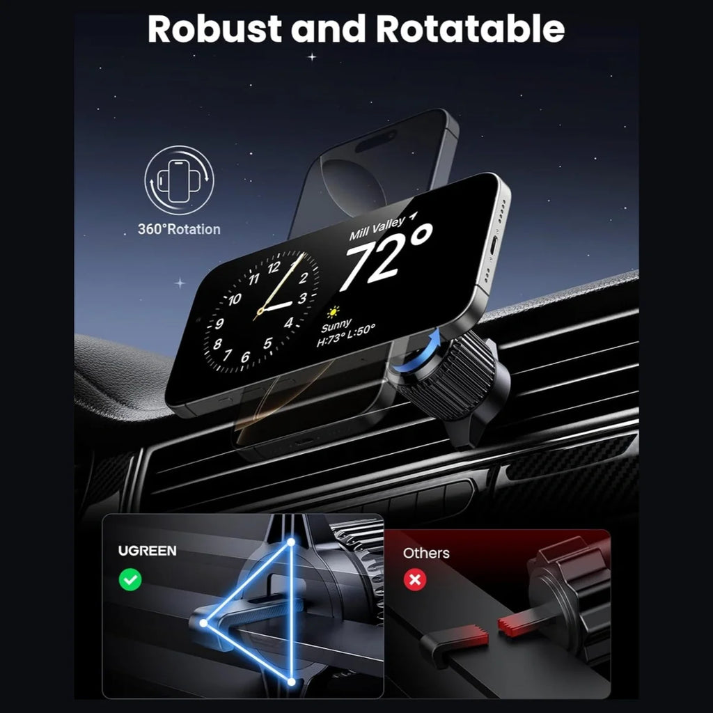 UGREEN Qi2 15W Magnetic Wireless Car Charger Mount, Auto-Align, Air Vent Mount, LED Lights, 17pcs N52 Magnets, 360 Degree Rotation, W708 35970