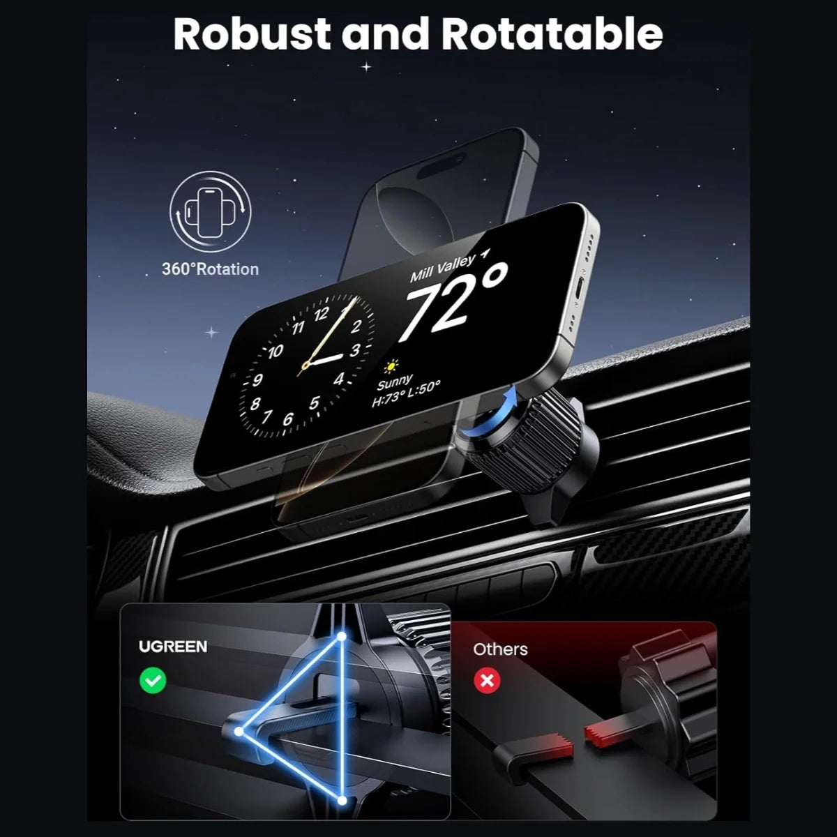 UGREEN Qi2 15W Magnetic Wireless Car Charger Mount, Auto-Align, Air Vent Mount, LED Lights, 17pcs N52 Magnets, 360 Degree Rotation, W708 35970