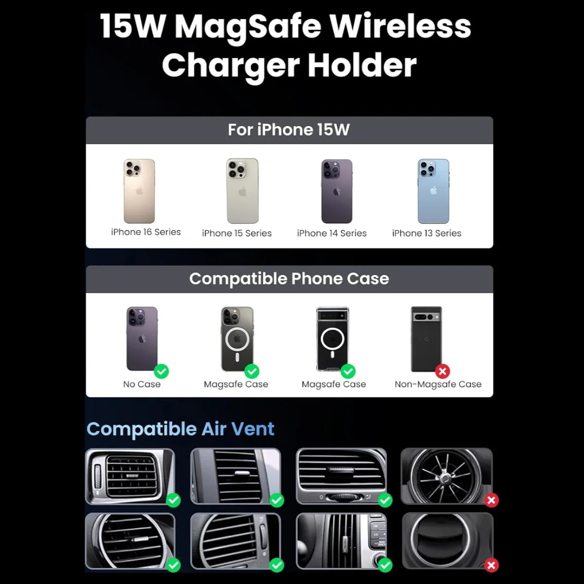 UGREEN Qi2 15W Magnetic Wireless Car Charger Mount, Auto-Align, Air Vent Mount, LED Lights, 17pcs N52 Magnets, 360 Degree Rotation, W708 35970