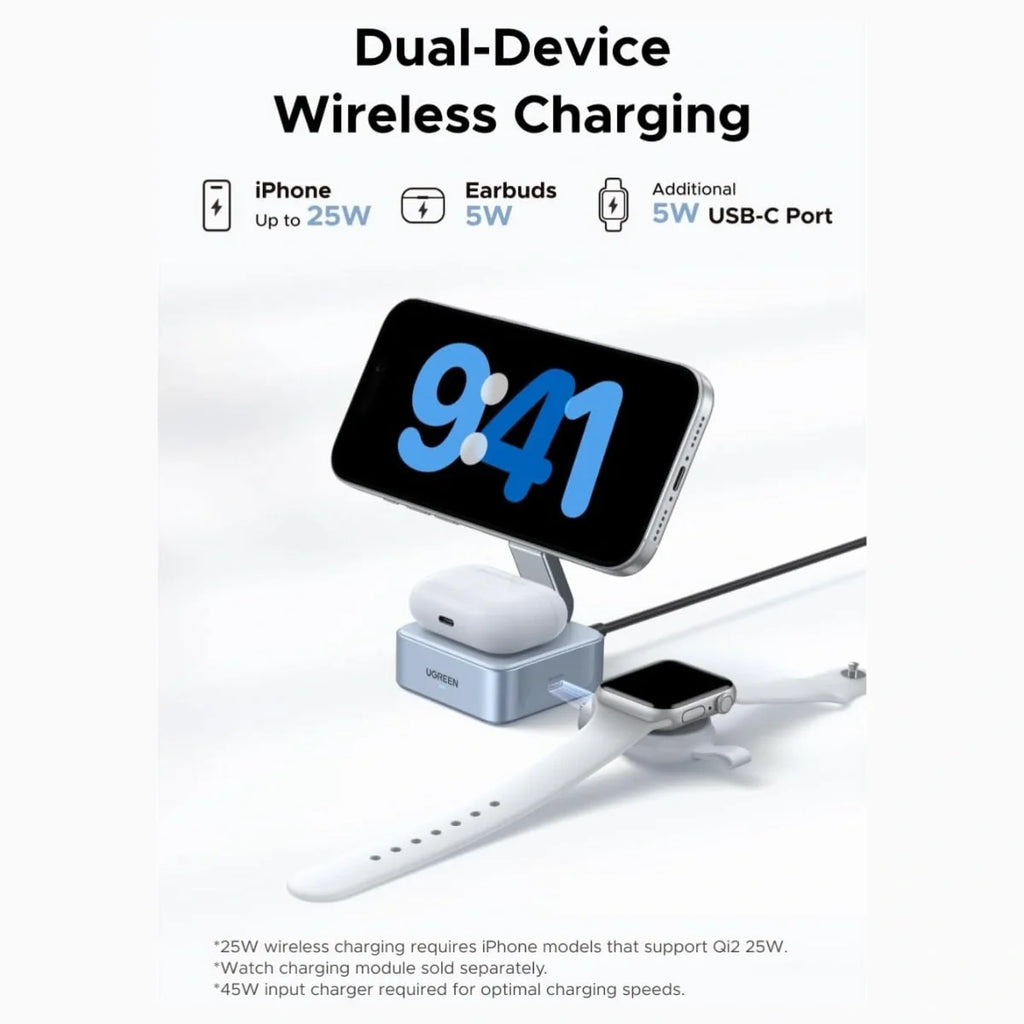 UGREEN MagFlow 2-in-1 Magnetic Wireless Charger, Qi2-Certified Up To 25W Fast Charging, Dual-Device Charging, MagSafe-Compatible, Model 55960B