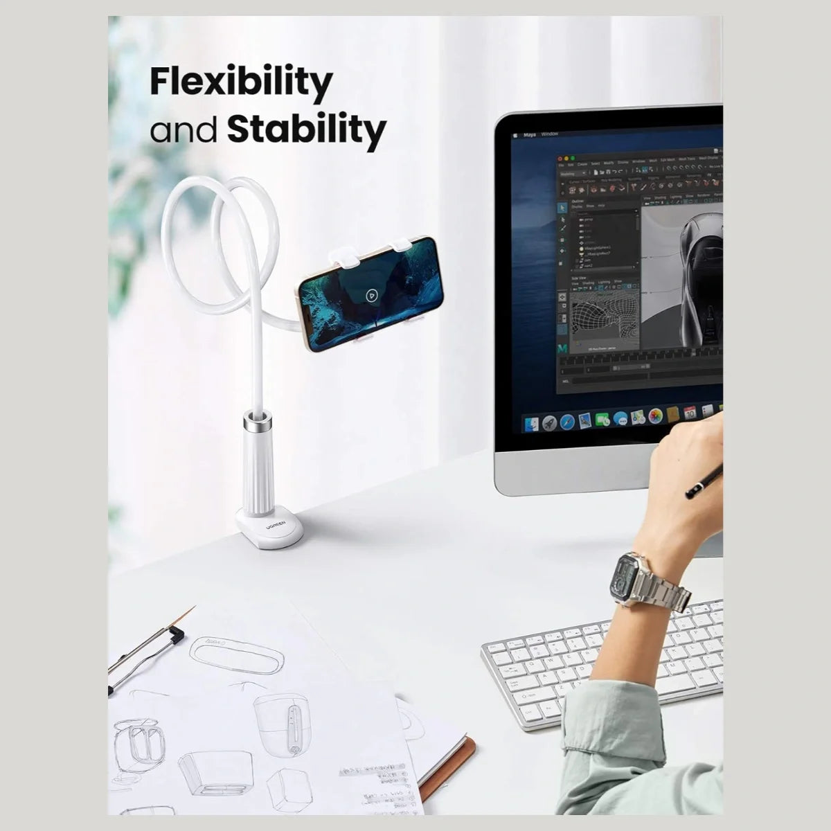 UGREEN Gooseneck Phone Holder for Desk and Bed, 800mm Flexible Long Arm, 360 Degree Rotation, Fits 4" to 6.5" Smartphones, White 30488