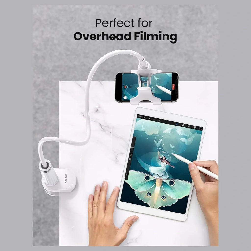 UGREEN Gooseneck Phone Holder for Desk and Bed, 800mm Flexible Long Arm, 360 Degree Rotation, Fits 4" to 6.5" Smartphones, White 30488