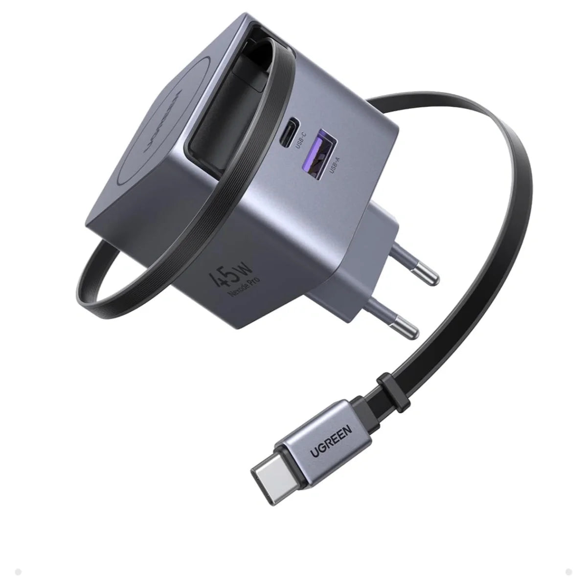 UGREEN Nexode Pro 45W GaN Fast Charger with Retractable Cable, USB-A and USB-C, EU Pin, 65822 X614