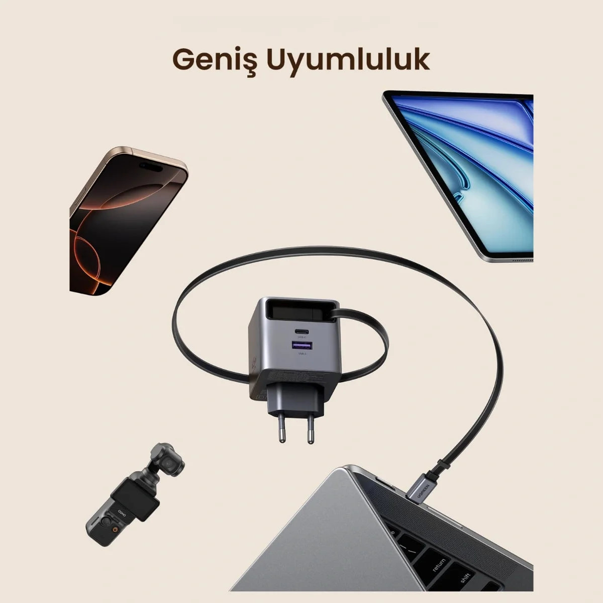 UGREEN Nexode Pro 45W GaN Fast Charger with Retractable Cable, USB-A and USB-C, EU Pin, 65822 X614