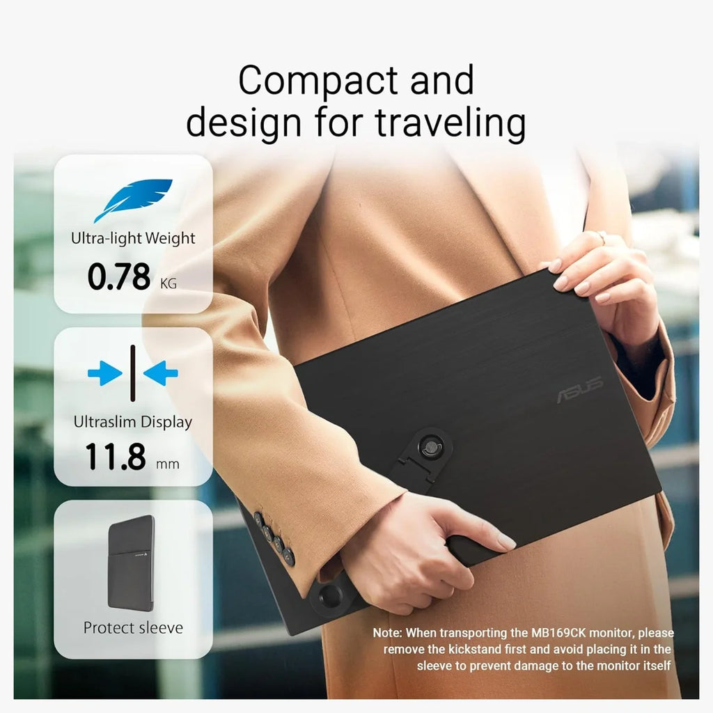 ASUS ZenScreen MB169CK Portable Monitor, 15.6" FHD IPS Anti-Glare Display, Dual USB-C, 360 Kickstand, Plug and Play, Auto-Rotate DisplayWidget Software, 0.78kg Ultra-Slim 11.8mm