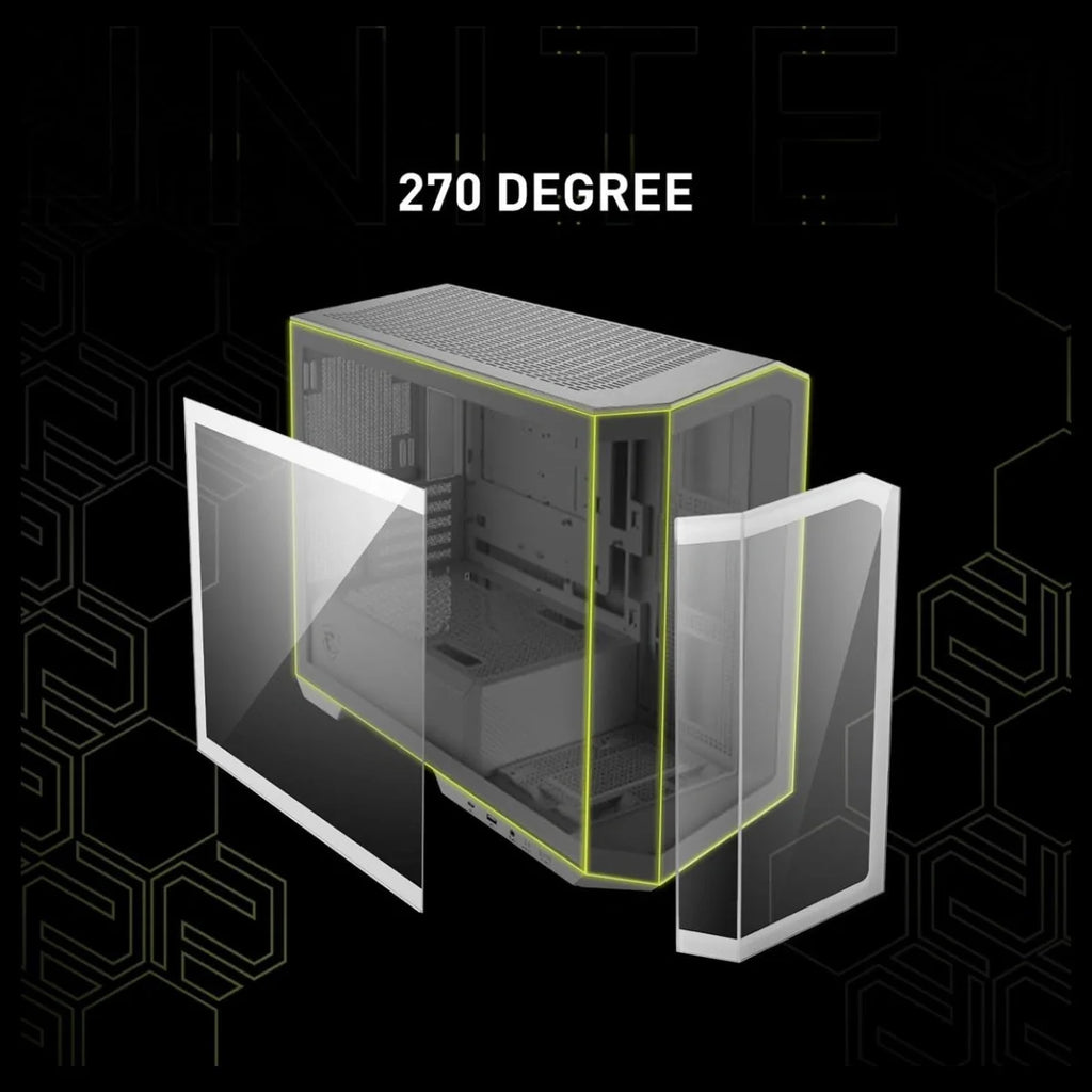 MSI MAG PANO M100R PZ Premium Mid-Tower Gaming PC Case, 270-Degree Tempered Glass, 4x ARGB 120mm Fans, Up To 360mm Radiator Support, White