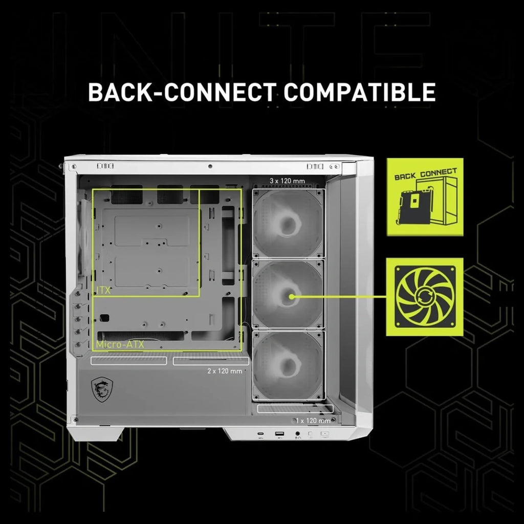 MSI MAG PANO M100R PZ Premium Mid-Tower Gaming PC Case, 270-Degree Tempered Glass, 4x ARGB 120mm Fans, Up To 360mm Radiator Support, White