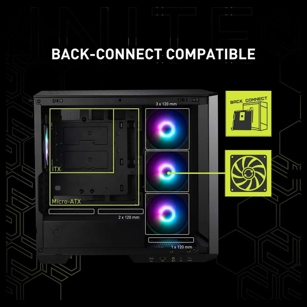 MSI MAG PANO M100R PZ Premium Mid-Tower Gaming PC Case, 270-Degree Tempered Glass, 4x ARGB 120mm Fans, Up to 360mm Radiator Support