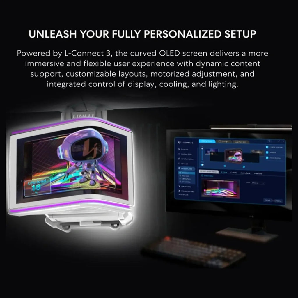 Lian Li HydroShift II OLED Curved 360TL Liquid CPU Cooler, 360mm AIO, 3x120mm TL Fans, 6.67" 2K 60Hz Curved OLED Screen With 3D Visual Effects, Up To 2800RPM Pump, White