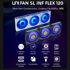 Lian Li UNI Fan SL-INF FLEX 120mm Reverse Blade ARGB Fan 3 Pack, Three-Zone ARGB Lighting, L-Connect 3 Support, Controller Included, White, G9F.12RSLIN1F3W.00