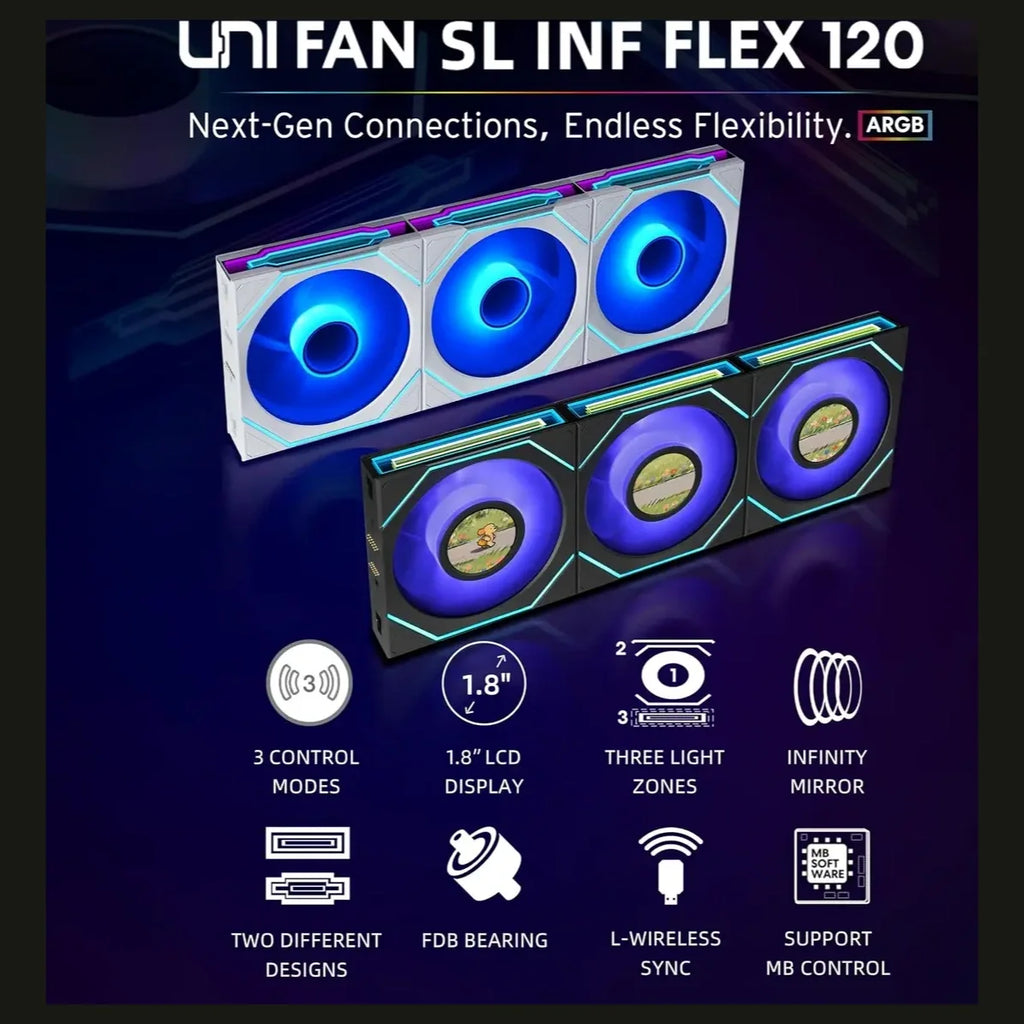 Lian Li UNI Fan SL-INF Flex 120mm Normal Blade ARGB Fan 3 Pack, Three-Zone ARGB Lighting, Dual-Sided Frame Design, FDB Bearing Optimized, Controller Included, White, G9F.12SLIN1F3W.00