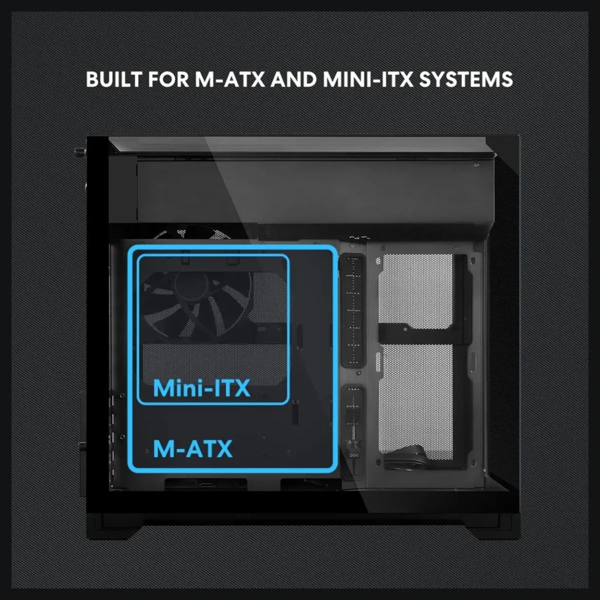 Lian Li O11 Vision-M mATX PC Case, High-Airflow, 410mm GPU Support, Second-Chamber AIO Design, Triple Tempered Glass Panels, Supports 360mm AIO and ATX PSUs, 1x 140mm Fan, Black, G99.O11VMX.00