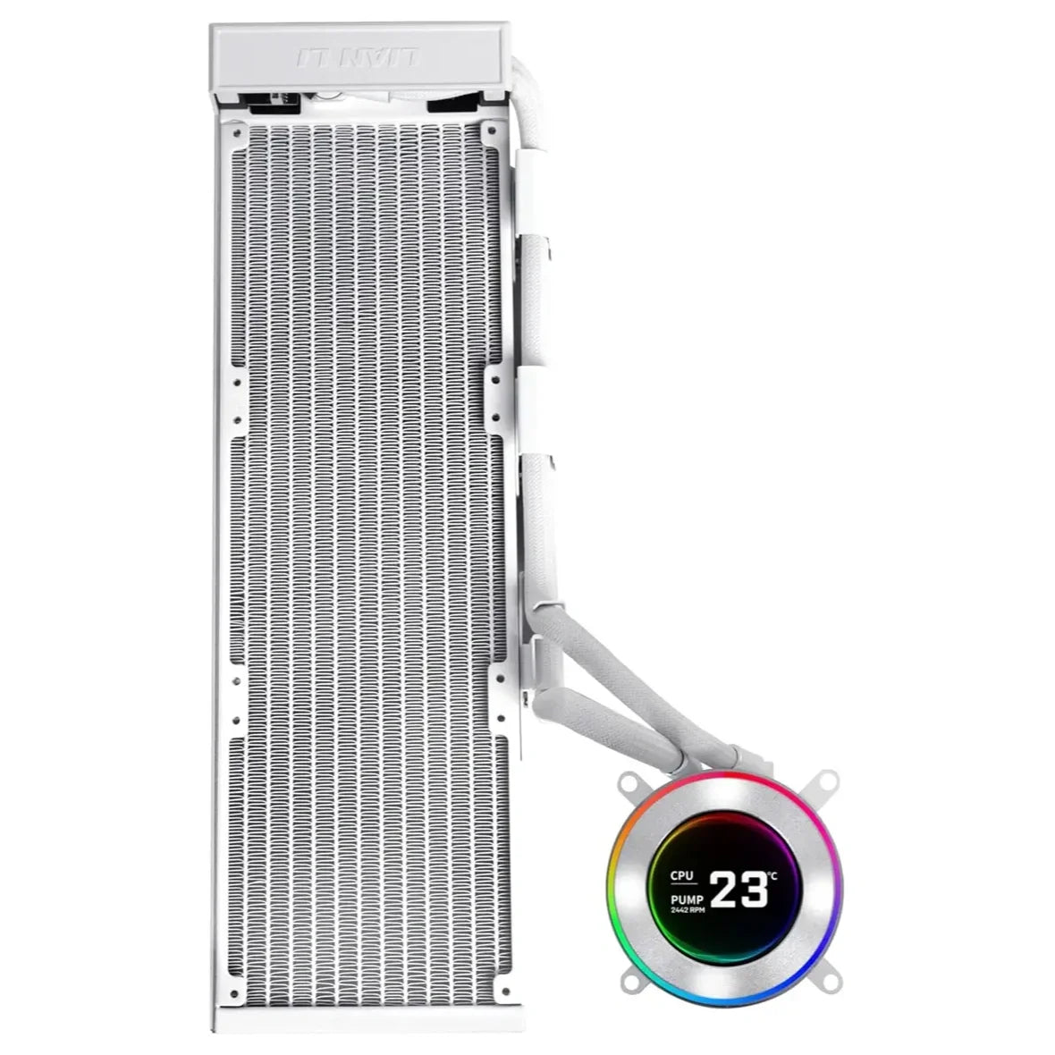 Lian Li Hydroshift II 360 LCD Liquid CPU Cooler, 2.1" IPS LCD 480x480, 3 Control Modes, Side-Mount Water Tubes, White, G89.GHS2LCD36W.00