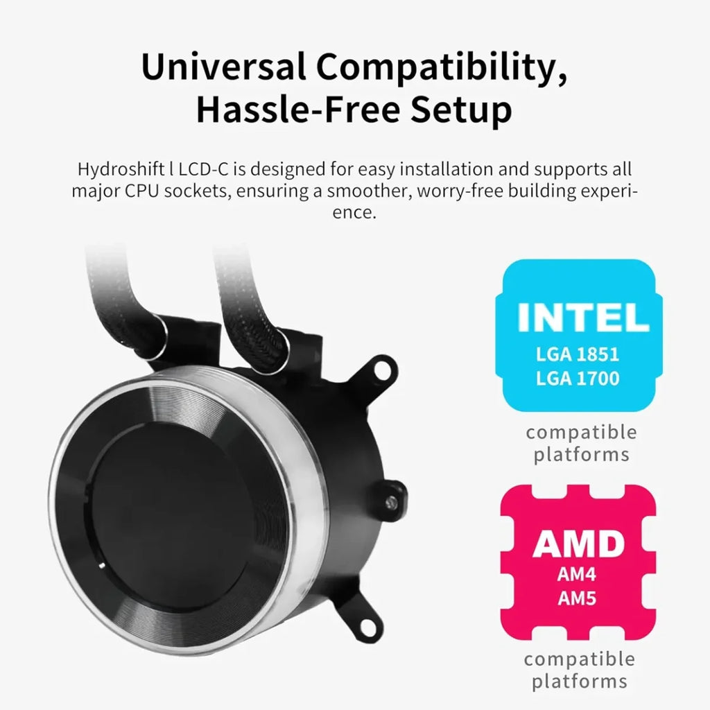 Lian Li Hydroshift II 360 LCD Liquid CPU Cooler, 2.1" IPS LCD 480x480, 3 Control Modes, Side-Mount Water Tubes, White, G89.GHS2LCD36W.00