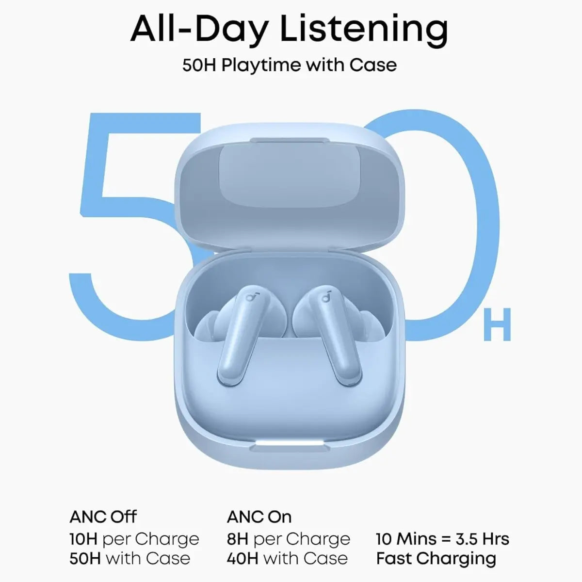SoundCore R60i NC Wireless Bluetooth Earbuds, Real-Time Adaptive ANC Up To 52dB, Hi-Res Sound With LDAC, 6 AI-Enhanced Mics, 100+ AI Translation, 50H Playtime, Blue
