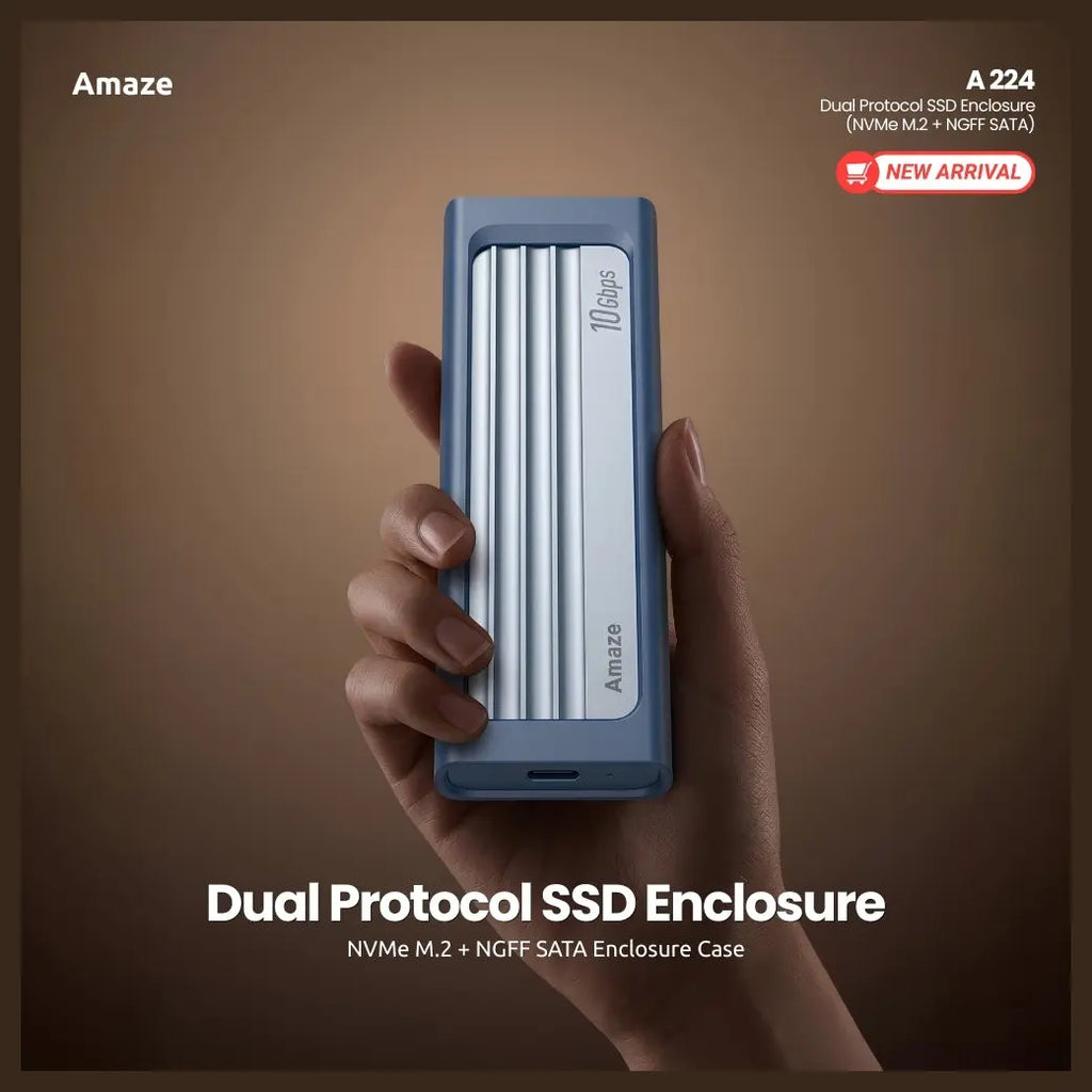 Amaze A224 Dual Protocol SSD Enclosure, NVMe M.2 and NGFF SATA, Up to 10Gbps, Type-C Input, USB-A 3.0 and Type-C Output, Aluminum Alloy