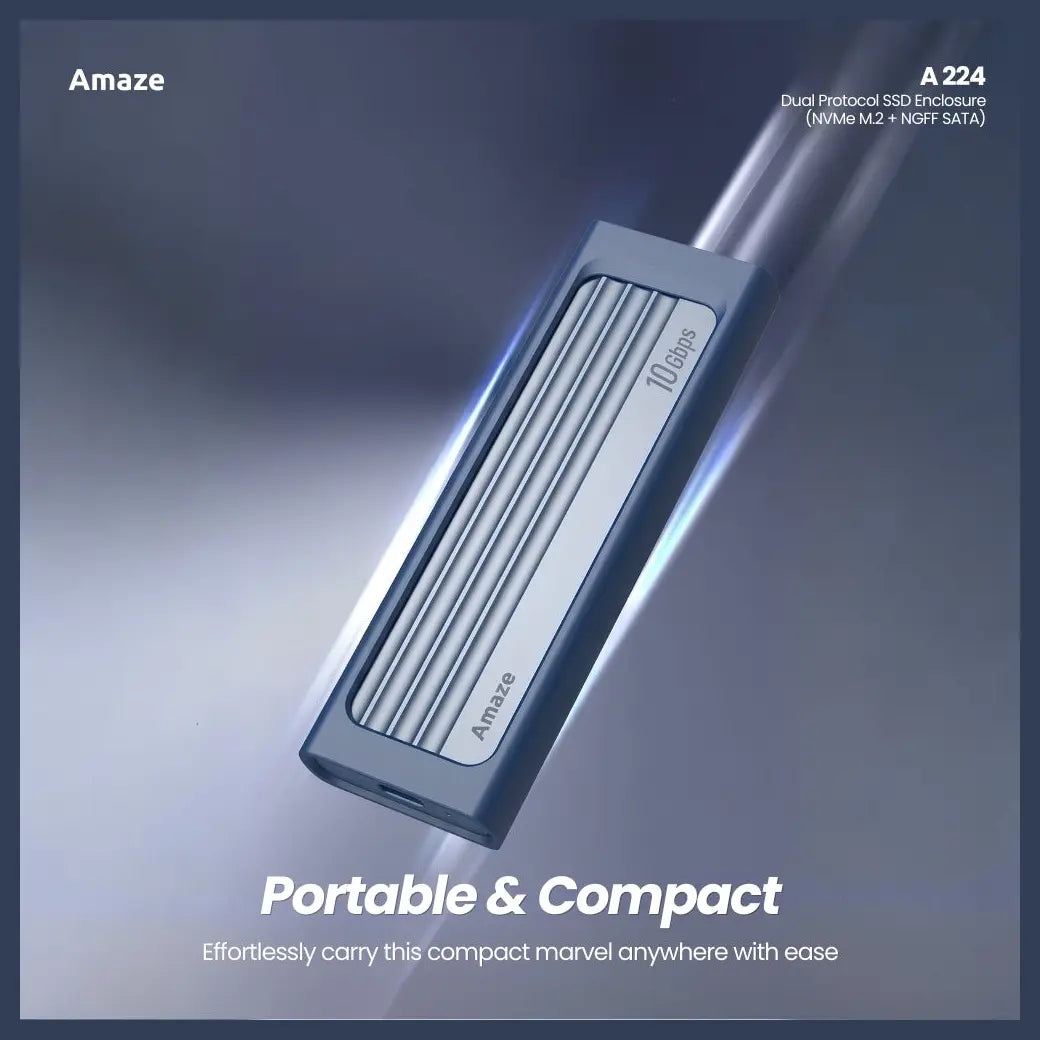 Amaze A224 Dual Protocol SSD Enclosure, NVMe M.2 and NGFF SATA, Up to 10Gbps, Type-C Input, USB-A 3.0 and Type-C Output, Aluminum Alloy