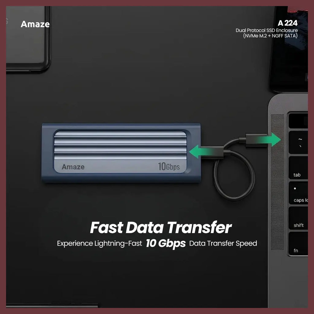 Amaze A224 Dual Protocol SSD Enclosure, NVMe M.2 and NGFF SATA, Up to 10Gbps, Type-C Input, USB-A 3.0 and Type-C Output, Aluminum Alloy
